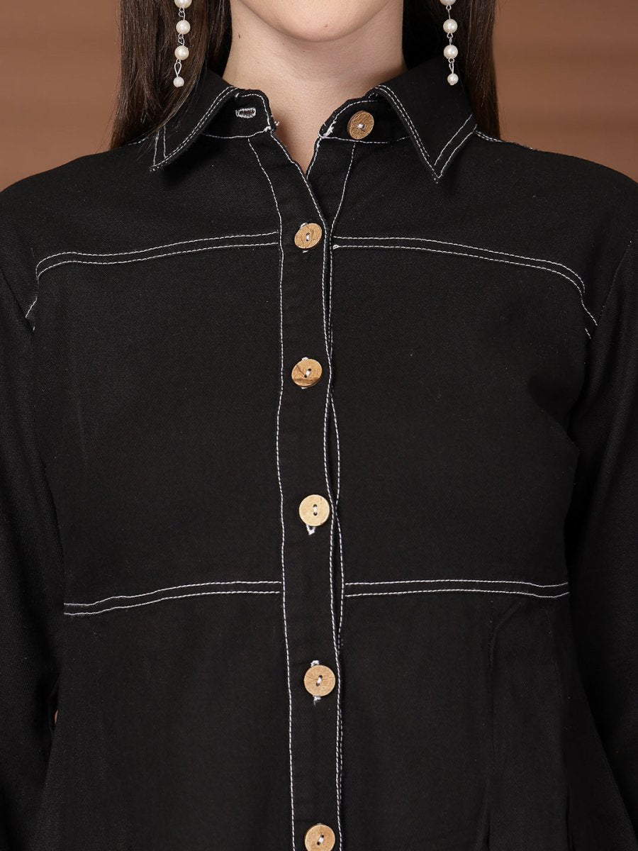 Solid Black Shirt Collar Dress