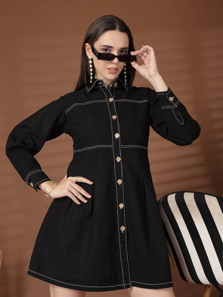 Solid Black Shirt Collar Dress