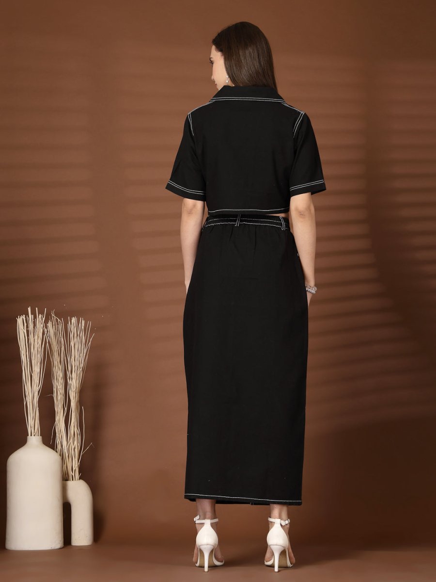Black Solid Shirt collar Top With Skirt Co-Ords Set