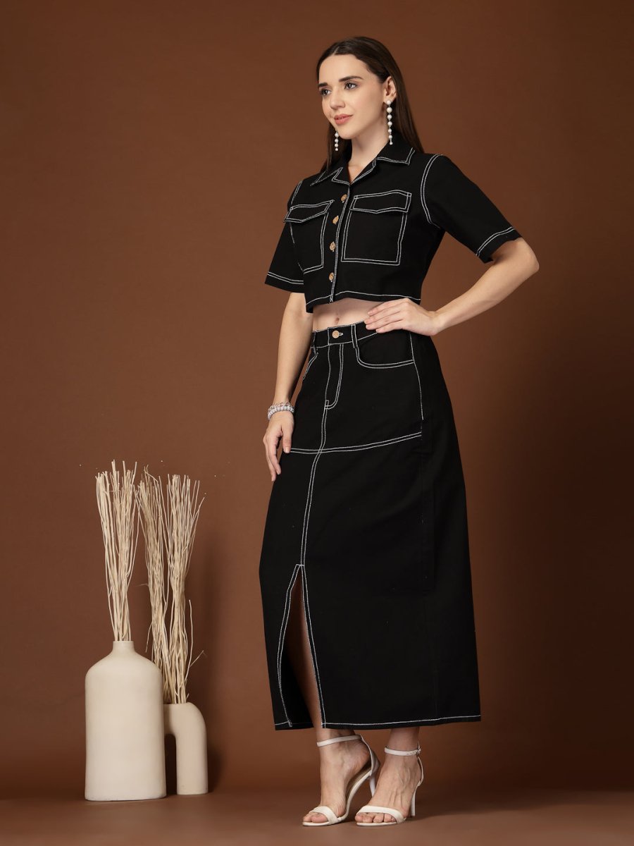 Black Solid Shirt collar Top With Skirt Co-Ords Set