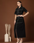 Black Solid Shirt collar Top With Skirt Co-Ords Set