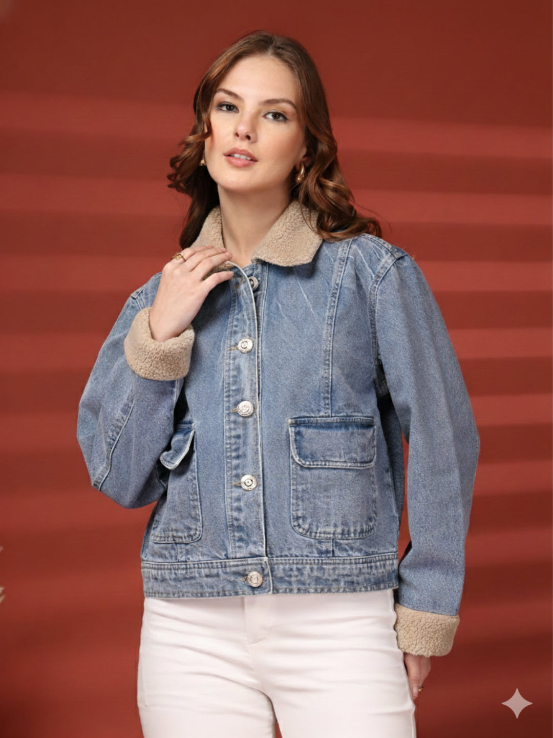 Women Front Open Solid Blue Denim Jacket