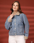 Women Front Open Solid Blue Denim Jacket