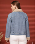 Women Front Open Solid Blue Denim Jacket
