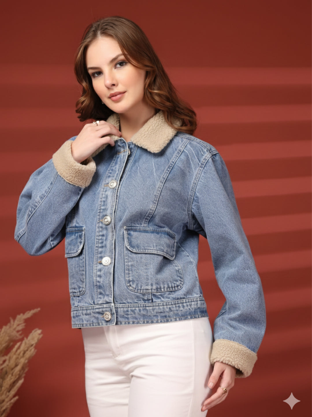 Women Front Open Solid Blue Denim Jacket