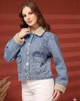 Women Front Open Solid Blue Denim Jacket