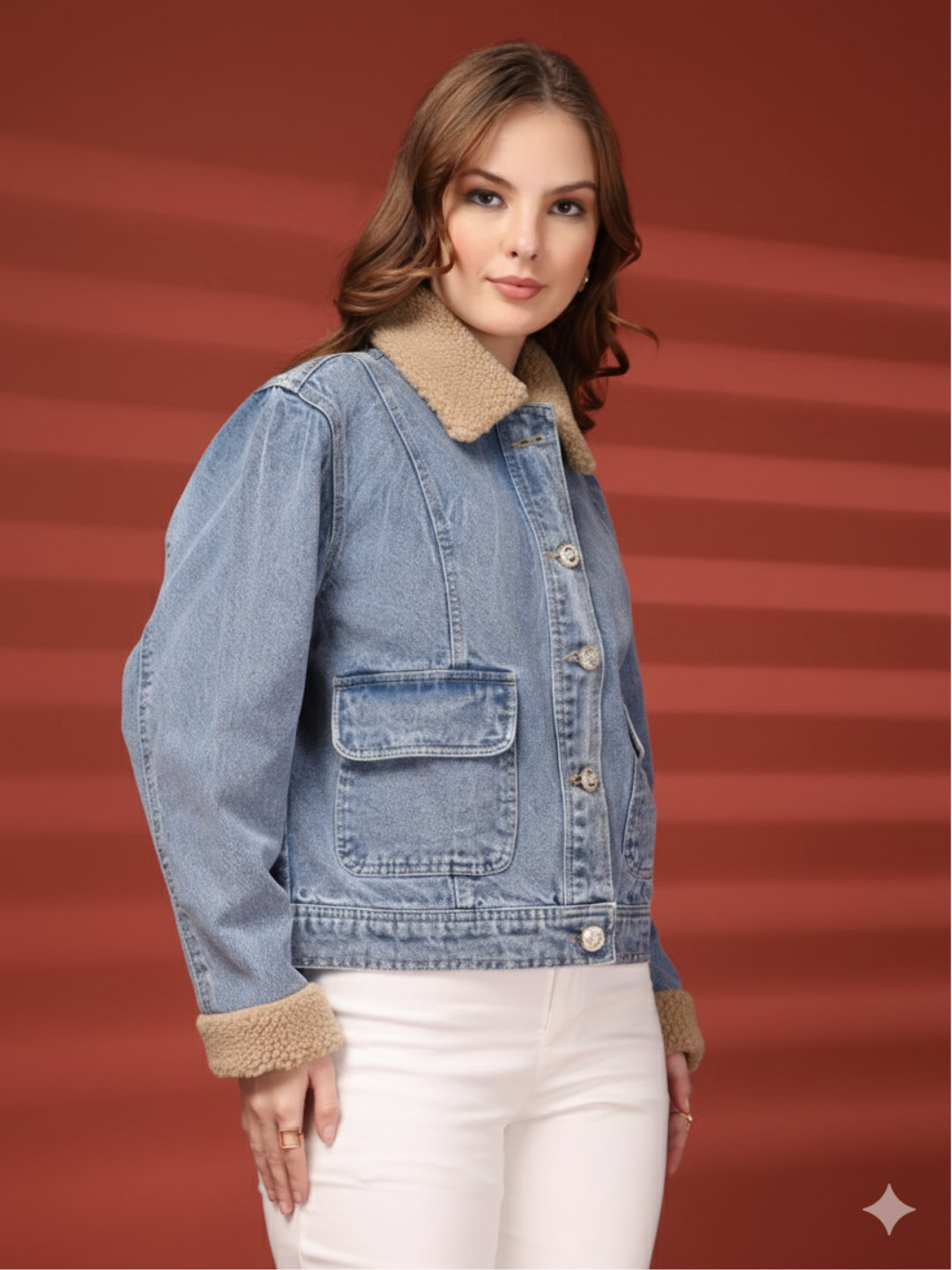 Women Front Open Solid Blue Denim Jacket