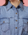 Blue Shirt Collar Belted Cotton Shirt Dress