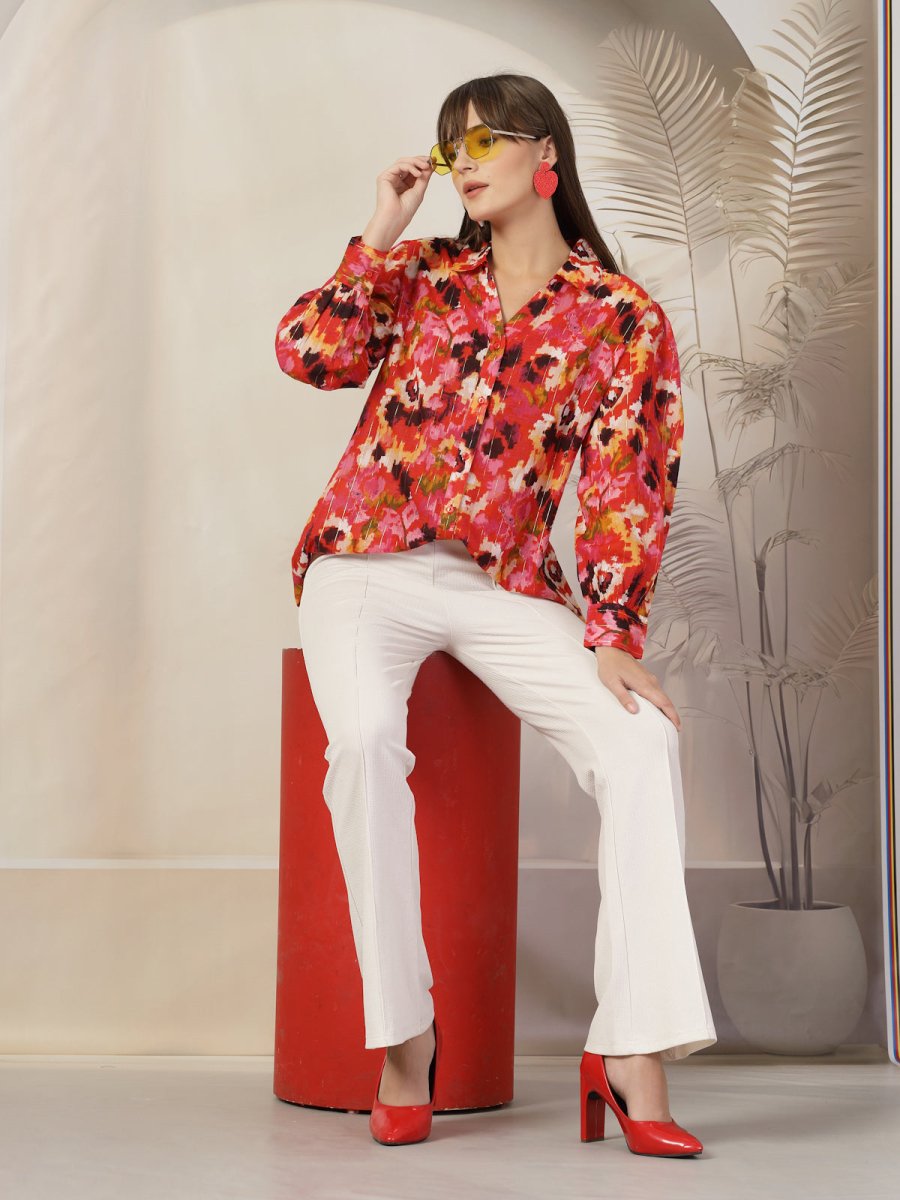 Women Floral Opaque Printed Casual Cotton Buttoned Top