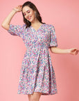 White Floral Printed V-neck Gathered Tiered Fit  Flare Dress