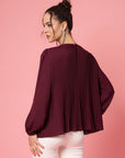 Burgundy Puff Sleeves Accordion Pleats Regular Top