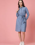 Blue Shirt Collar Belted Cotton Shirt Dress