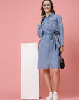 Blue Shirt Collar Belted Cotton Shirt Dress