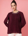 Burgundy Puff Sleeves Accordion Pleats Regular Top