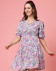 White Floral Printed V-neck Gathered Tiered Fit  Flare Dress