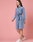 Blue Shirt Collar Belted Cotton Shirt Dress