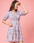 White Floral Printed V-neck Gathered Tiered Fit  Flare Dress