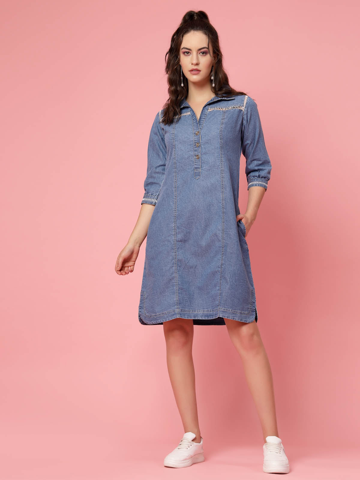 Blue Solid Shirt Style Denim Dress