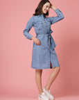 Blue Shirt Collar Belted Cotton Shirt Dress