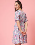 White Floral Printed V-neck Gathered Tiered Fit  Flare Dress