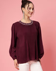 Burgundy Puff Sleeves Accordion Pleats Regular Top