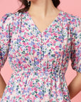 White Floral Printed V-neck Gathered Tiered Fit  Flare Dress