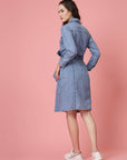 Blue Shirt Collar Belted Cotton Shirt Dress