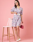 White Floral Printed V-neck Gathered Tiered Fit  Flare Dress