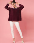 Burgundy Puff Sleeves Accordion Pleats Regular Top