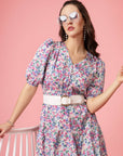 White Floral Printed V-neck Gathered Tiered Fit  Flare Dress