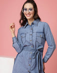 Blue Shirt Collar Belted Cotton Shirt Dress