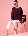 Burgundy Puff Sleeves Accordion Pleats Regular Top