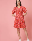Pink Floral Printed V-Neck Puff Sleeves Gathered A-Line Dress