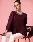 Burgundy Puff Sleeves Accordion Pleats Regular Top