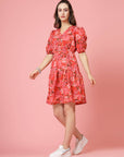 Pink Floral Printed V-Neck Puff Sleeves Gathered A-Line Dress