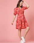 Pink Floral Printed V-Neck Puff Sleeves Gathered A-Line Dress