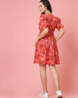 Pink Floral Printed V-Neck Puff Sleeves Gathered A-Line Dress
