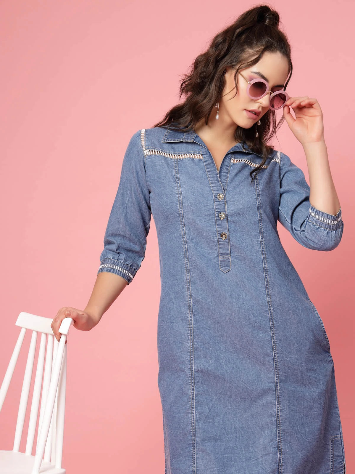 Blue Solid Shirt Style Denim Dress