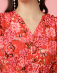 Pink Floral Printed V-Neck Puff Sleeves Gathered A-Line Dress