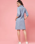 Blue Shirt Collar Denim Cotton A-Line Dress