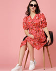 Pink Floral Printed V-Neck Puff Sleeves Gathered A-Line Dress