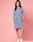 Blue Shirt Collar Denim Cotton A-Line Dress