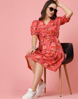 Pink Floral Printed V-Neck Puff Sleeves Gathered A-Line Dress