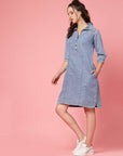 Blue Shirt Collar Denim Cotton A-Line Dress