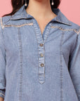 Blue Shirt Collar Denim Cotton A-Line Dress