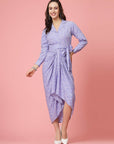 Purple  White Floral Printed Shirt Collar Cuffed Sleeves Gathered Maxi Dress