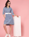 Blue Shirt Collar Denim Cotton A-Line Dress