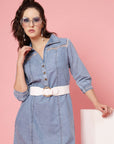 Blue Shirt Collar Denim Cotton A-Line Dress