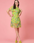 Lime Green Floral Printed Bell Sleeves A-Line Dress