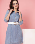 Blue Shirt Collar Denim Cotton A-Line Dress